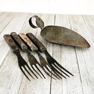 Antique Civil War Era Set of Four 6.75" 3 Pronged Wooden Handled Forks and One